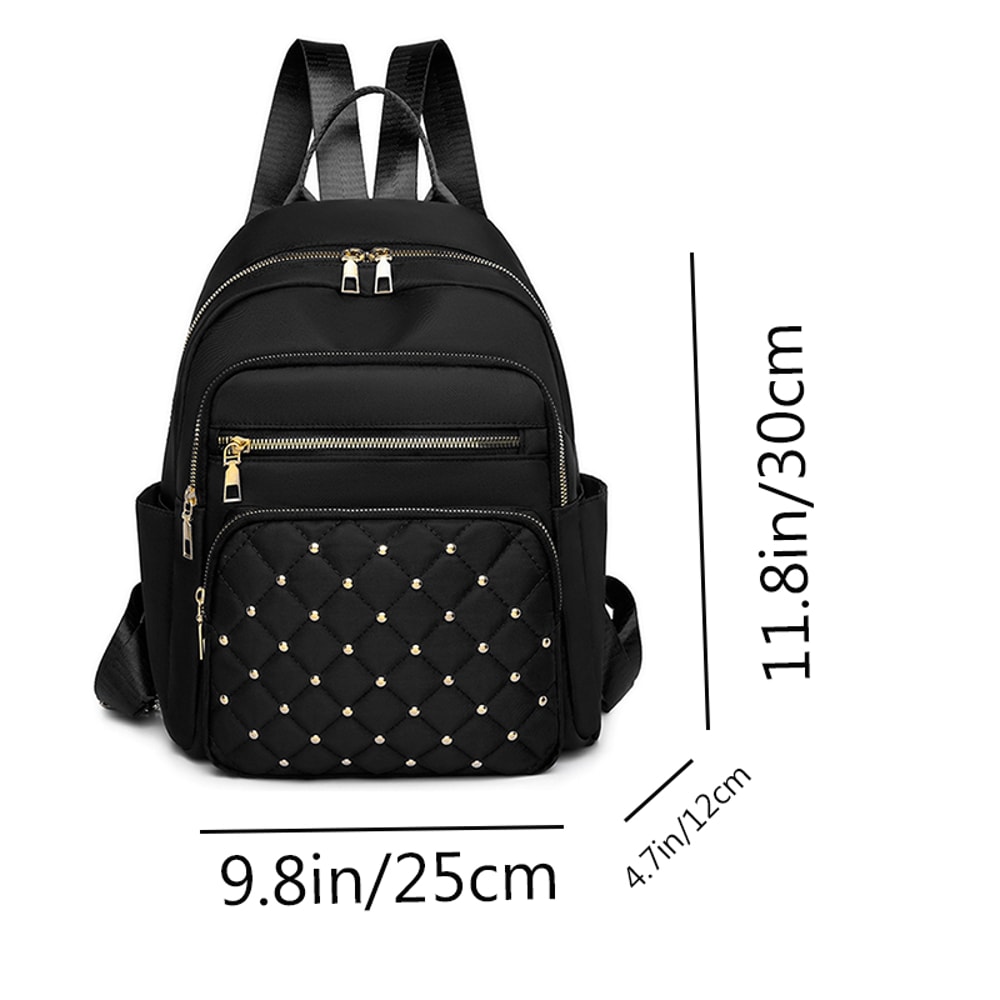 Diamond Check Embroidered Backpack Fashionable Womens Travel Bag with Riveted Detailing