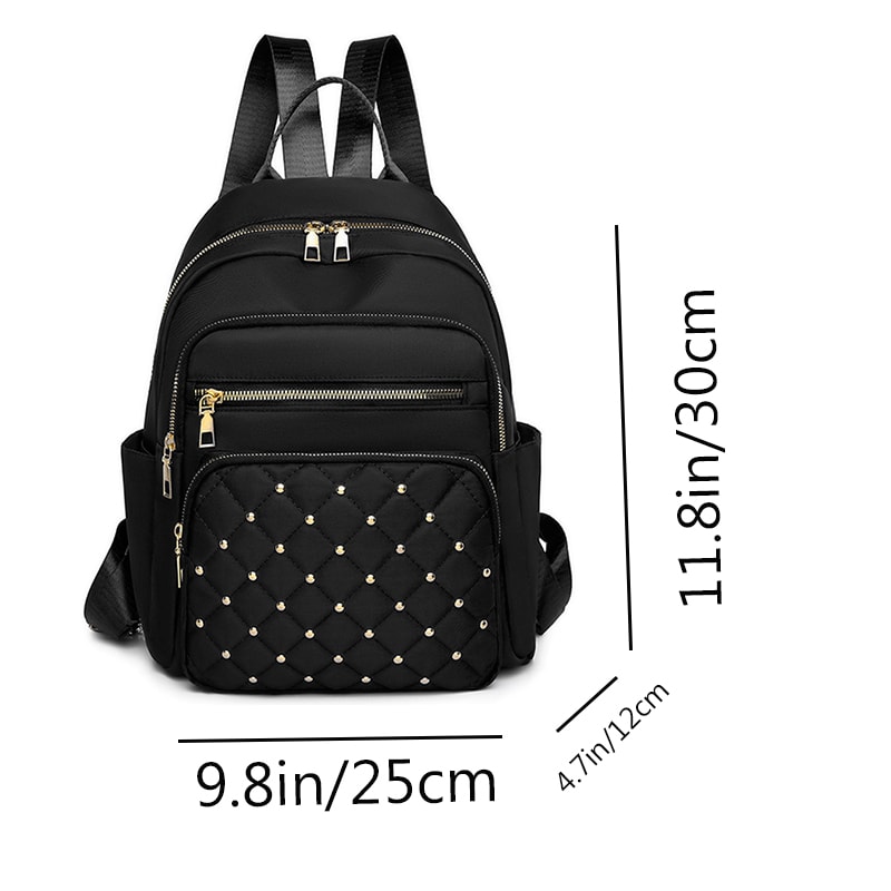 Diamond Check Embroidered Backpack Fashionable Womens Travel Bag with Riveted Detailing