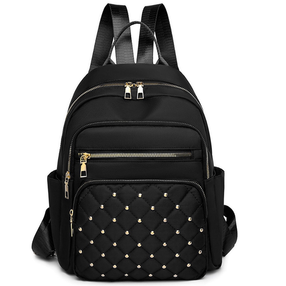 Diamond Check Embroidered Backpack Fashionable Womens Travel Bag with Riveted Detailing