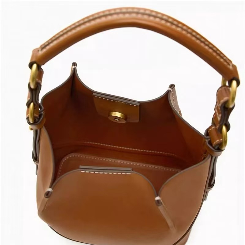 Fashionable Style Drawstring Bucket Bag For Women Portable Brown Crossbody Bag 2