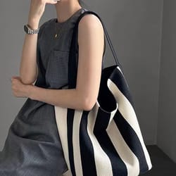 niche striped canvas bucket bag for women large capacity commuting tote trendy single shoulder bag