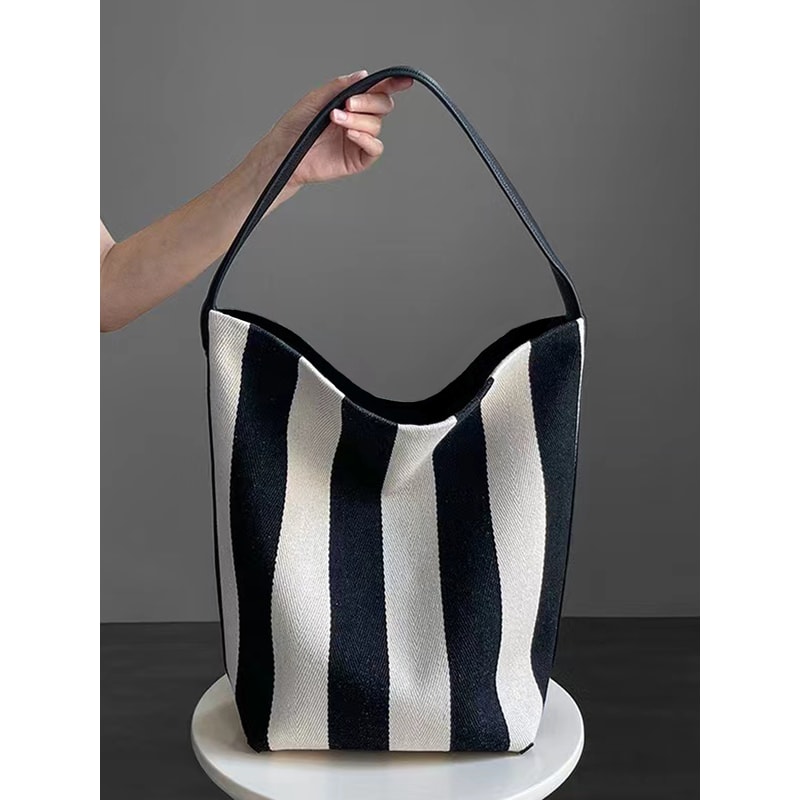 Niche Striped Canvas Bucket Bag For Women Large Capacity Commuting Tote Trendy Single Shoulder Bag 1