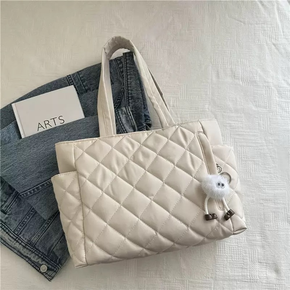 Chic Quilted Tote Bag Stylish MultiPocket Handbag With Pendant Large Capacity Shoulder Bag For Dail 6