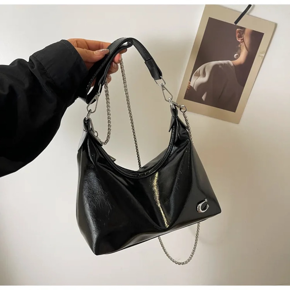 Chic Patent Leather Shoulder Bag For Women Summer Underarm Crossbody Bag With Chain Soft Square Sha 4