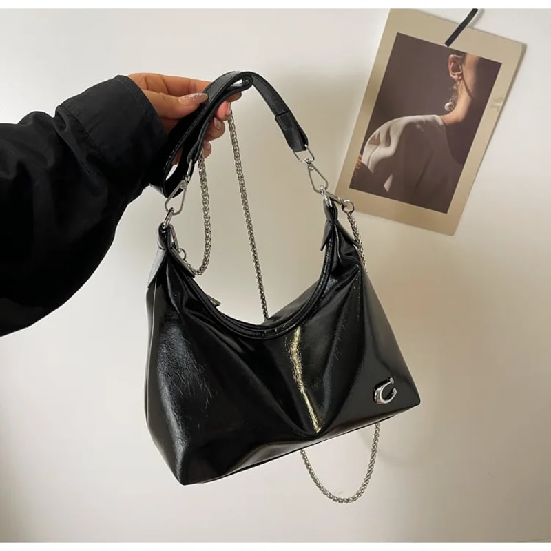 Chic Patent Leather Shoulder Bag For Women Summer Underarm Crossbody Bag With Chain Soft Square Sha 4