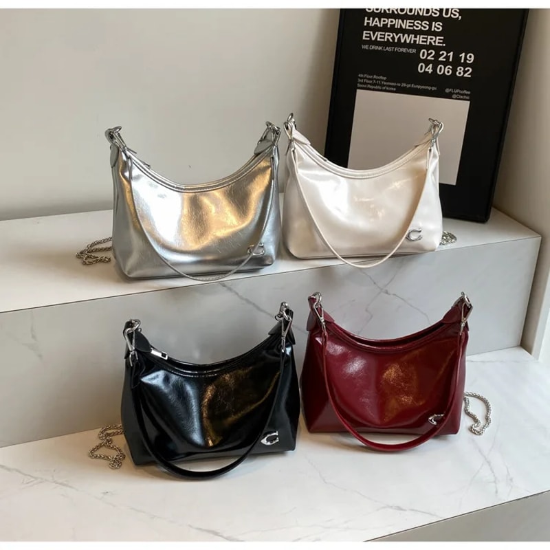 Chic Patent Leather Shoulder Bag For Women Summer Underarm Crossbody Bag With Chain Soft Square Sha 1
