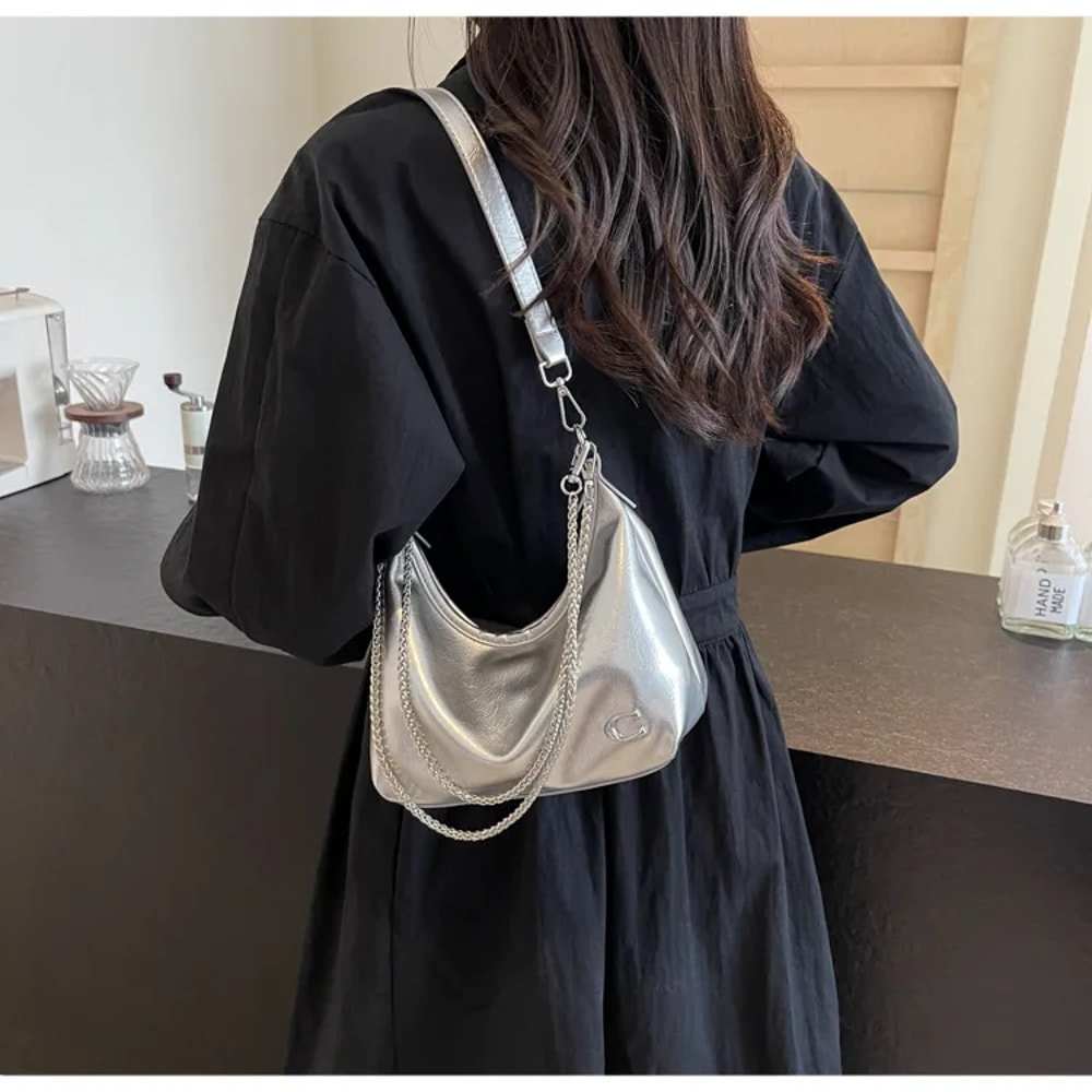 Chic Patent Leather Shoulder Bag For Women Summer Underarm Crossbody Bag With Chain Soft Square Sha 0