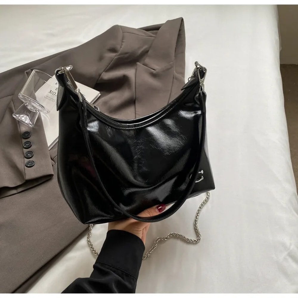 Chic Patent Leather Shoulder Bag For Women Summer Underarm Crossbody Bag With Chain Soft Square Sha 7
