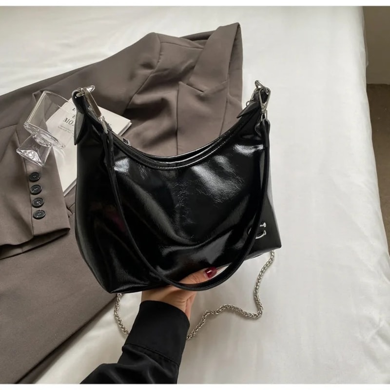 Chic Patent Leather Shoulder Bag For Women Summer Underarm Crossbody Bag With Chain Soft Square Sha 7