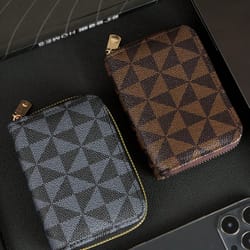 vintage zipper card holder wallet stylish checkered pattern compact & lightweight for men and women