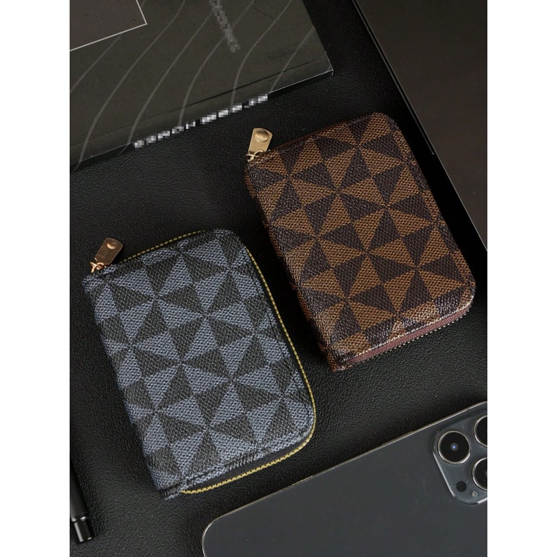 Vintage Zipper Card Holder Wallet Stylish Checkered Pattern Compact Lightweight For Men And Women 0