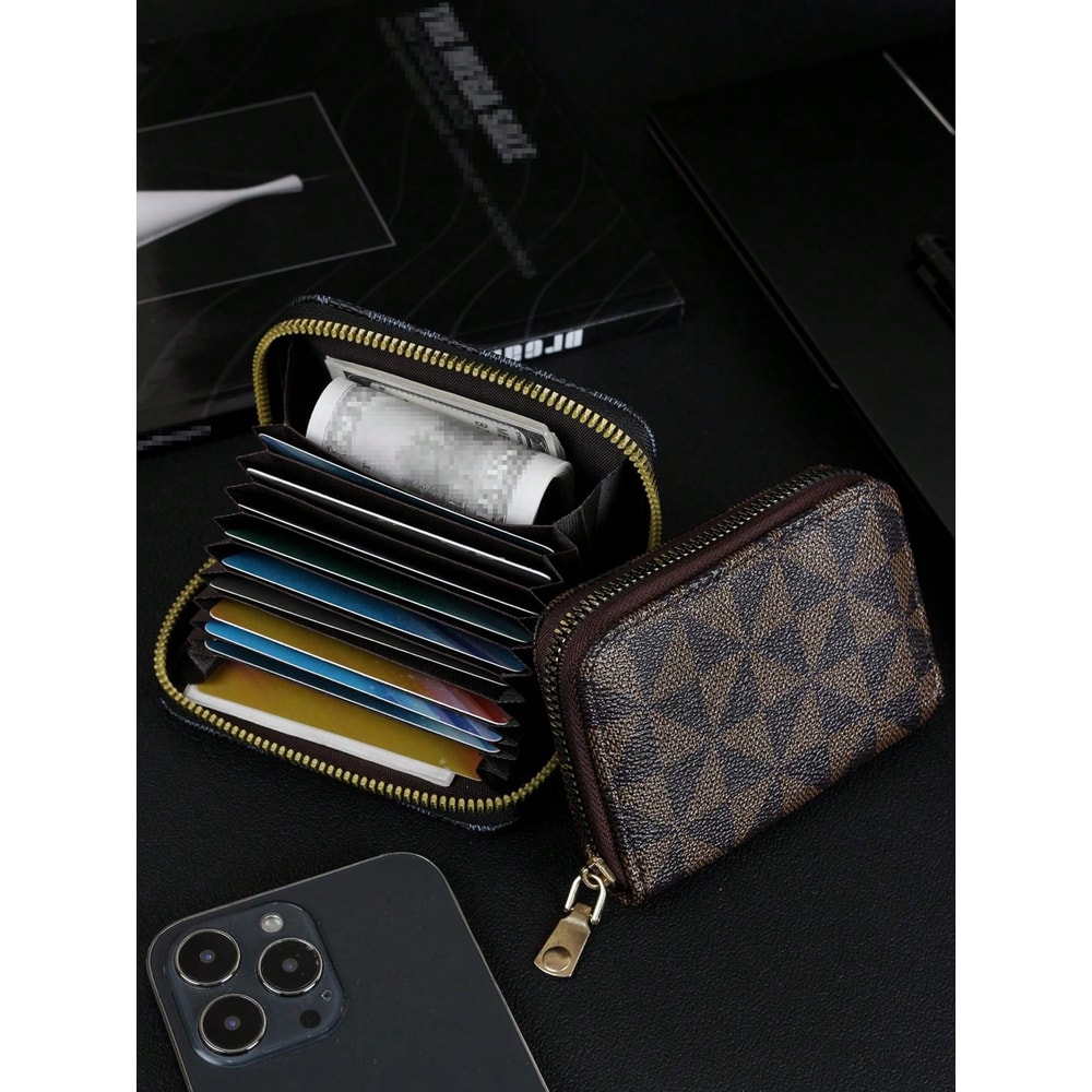 Vintage Zipper Card Holder Wallet Stylish Checkered Pattern Compact Lightweight For Men And Women 2