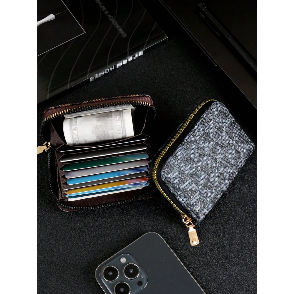 Vintage Zipper Card Holder Wallet Stylish Checkered Pattern Compact Lightweight For Men And Women 3