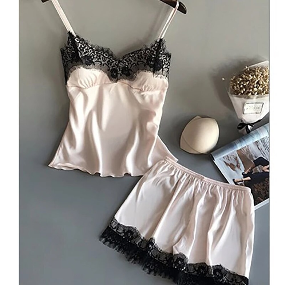 Sexy Lace V Neck Womens Pajama Set Elegant Sleepwear Shorts Lingerie 1