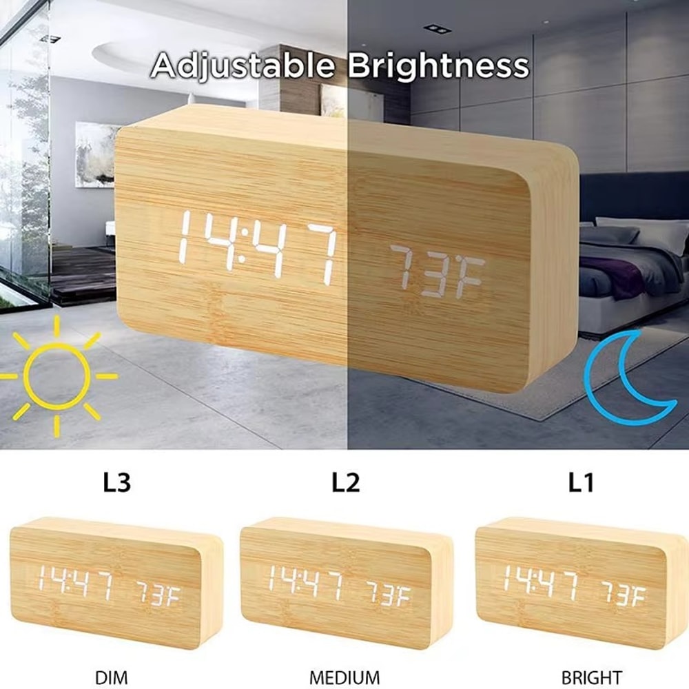 Wooden LED Digital Alarm Clock with Temperature Display for Bedroom & Office Decor