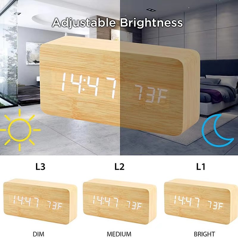 Wooden LED Digital Alarm Clock with Temperature Display for Bedroom & Office Decor