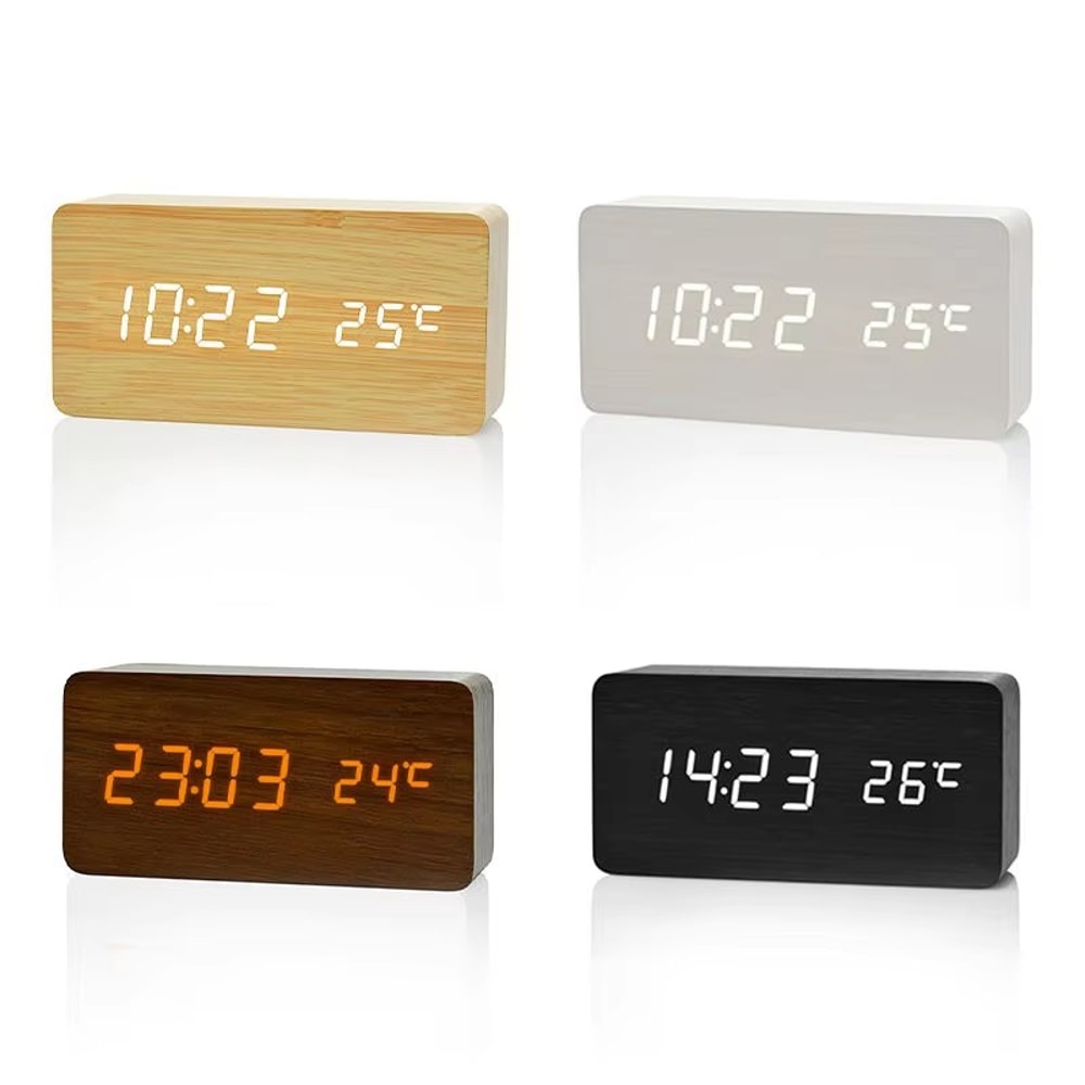 Wooden LED Digital Alarm Clock with Temperature Display for Bedroom & Office Decor