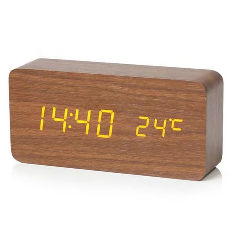 Wooden LED Digital Alarm Clock with Temperature Display for Bedroom & Office Decor