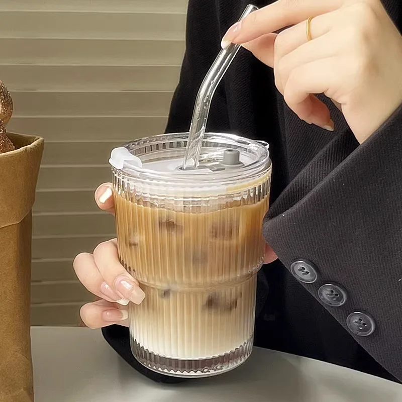 Stripe Glass Cup With Lid And Straw Transparent Drinking Glass For Juice Water And Iced Coffee 3
