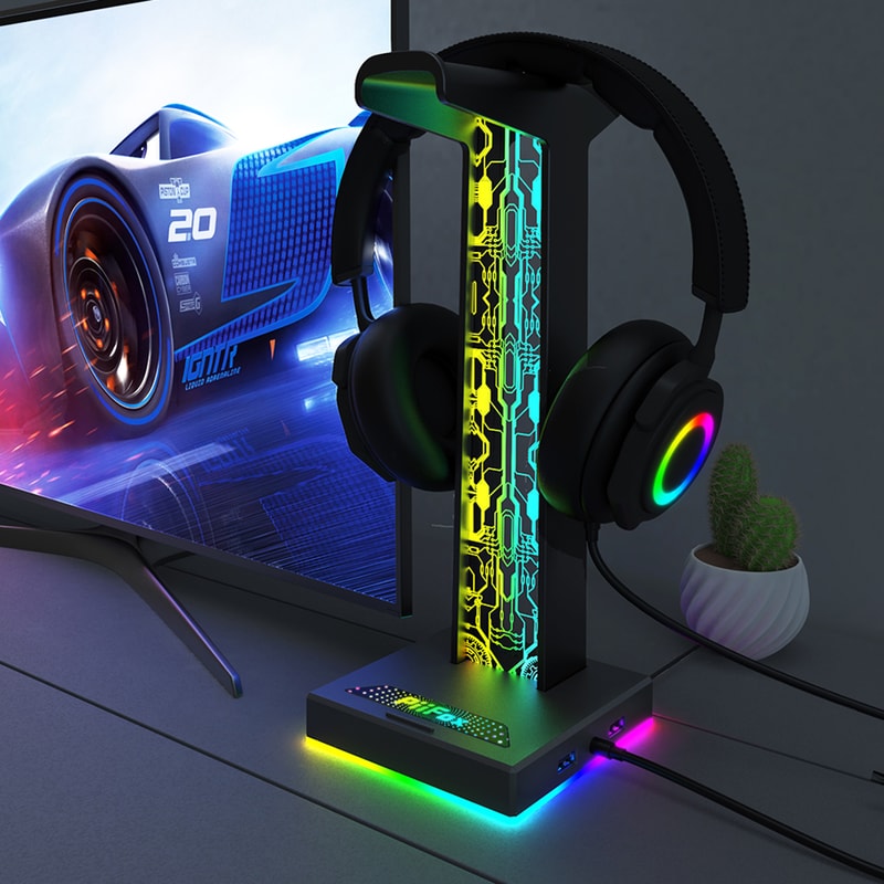 Headphone Stand With Dual USB Ports LED Lighting Effects Gaming Headset Holder For PC And Gamer De 3