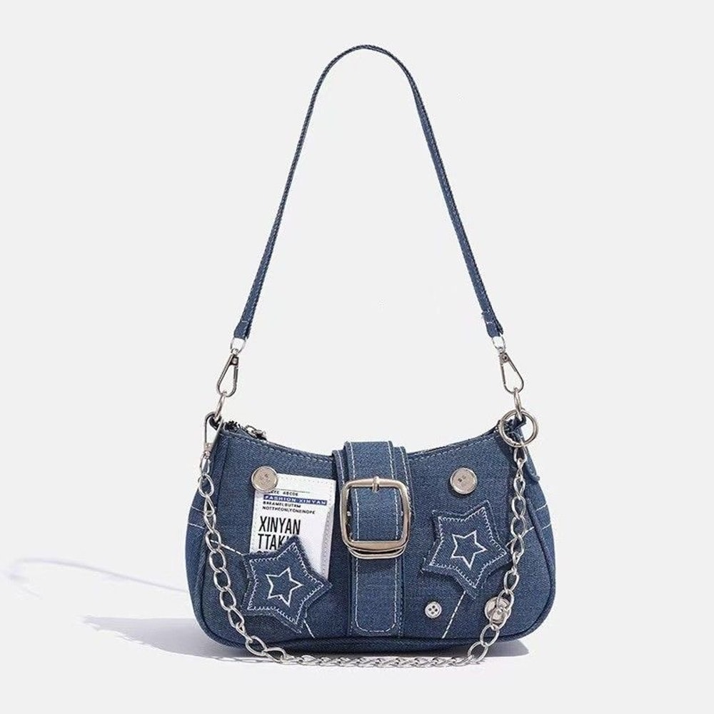 Vintage Star Pattern Canvas Underarm Bag For Women Retro Shoulder Chain Purse 5