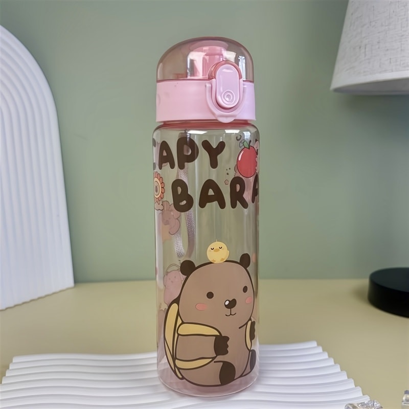Transparent Cartoon Water Bottle With Carry Strap Leakproof Portable Sports Cup 8