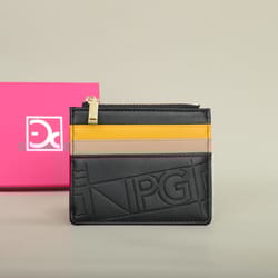 womens leather wallet with monogram print and metal zipper card holder