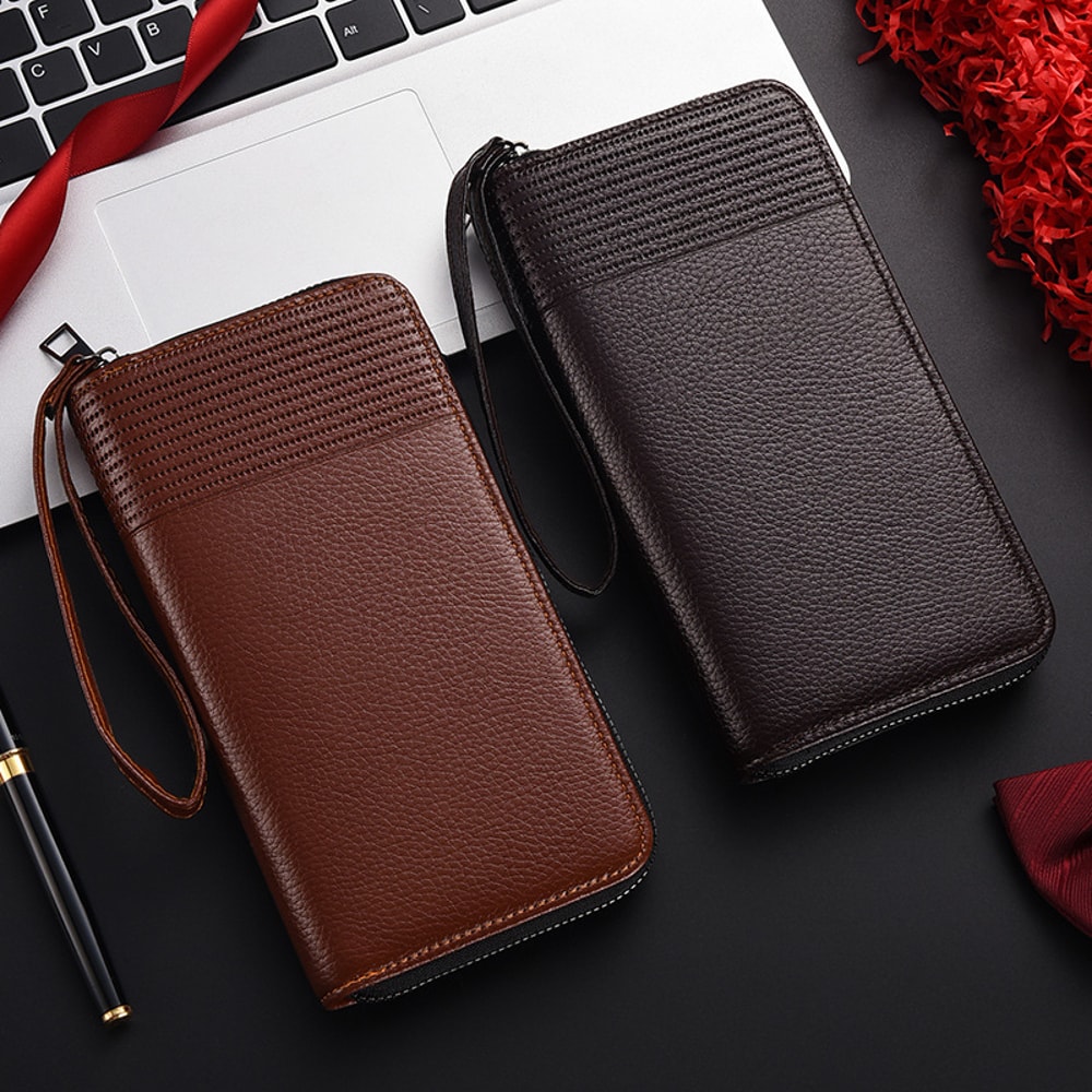 Premium RFID Blocking Leather Long Wallet For Men Zipper Clutch Organizer With Credit Card ID Hold 1