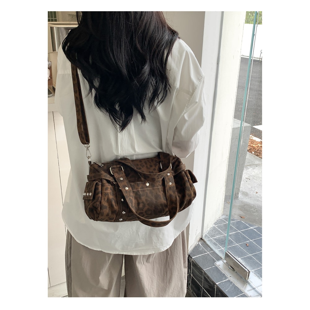 Vintage Leopard Rivet Motorcycle Shoulder Bag Stylish Ladies Tote