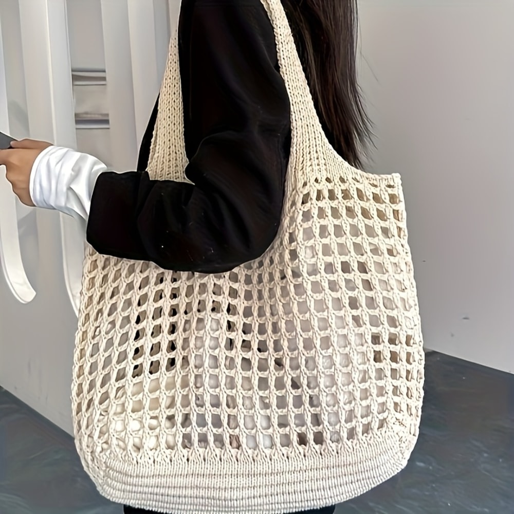 Large Crochet Tote Bag For Women Hollow Woven Shopping Bag With Comfortable Shoulder Strap For Trav 0
