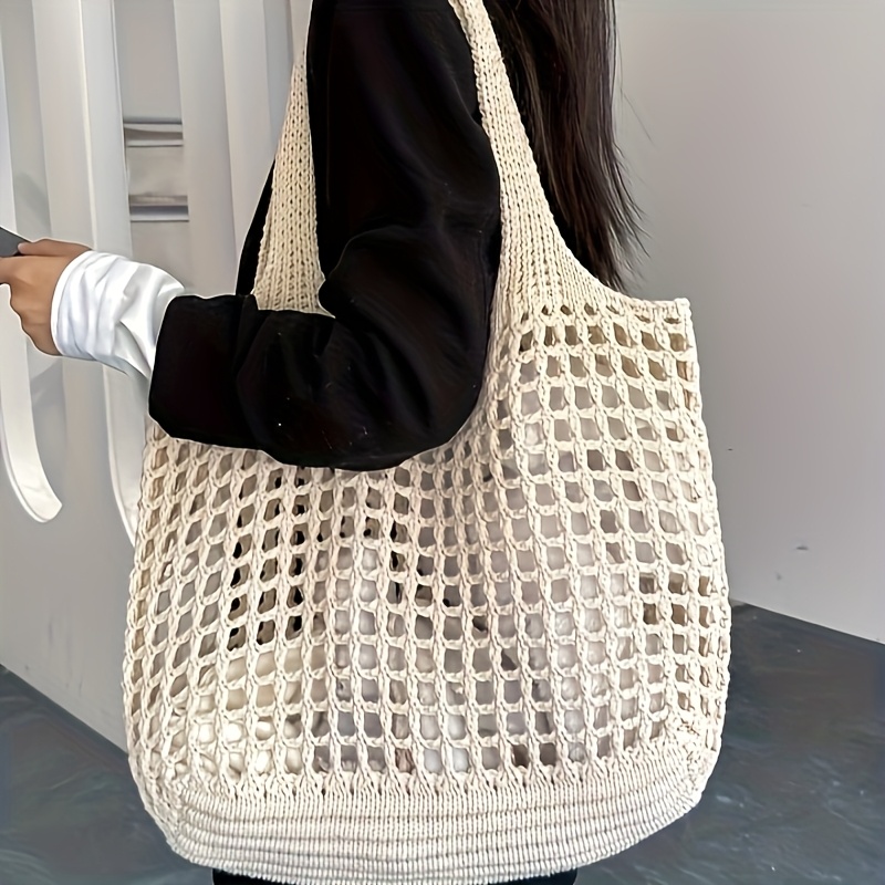 Large Crochet Tote Bag For Women Hollow Woven Shopping Bag With Comfortable Shoulder Strap For Trav 0
