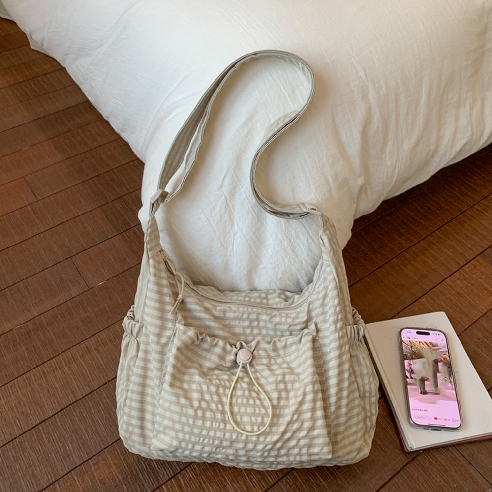 Stylish Womens Checkered Sling Bag Large Capacity Pleated Nylon Plaid Tote Shoulder Bag For Shoppin 7