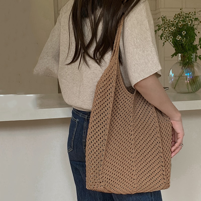 Hollow Woven Shoulder Bag Large Capacity Summer Crochet Tote for Women