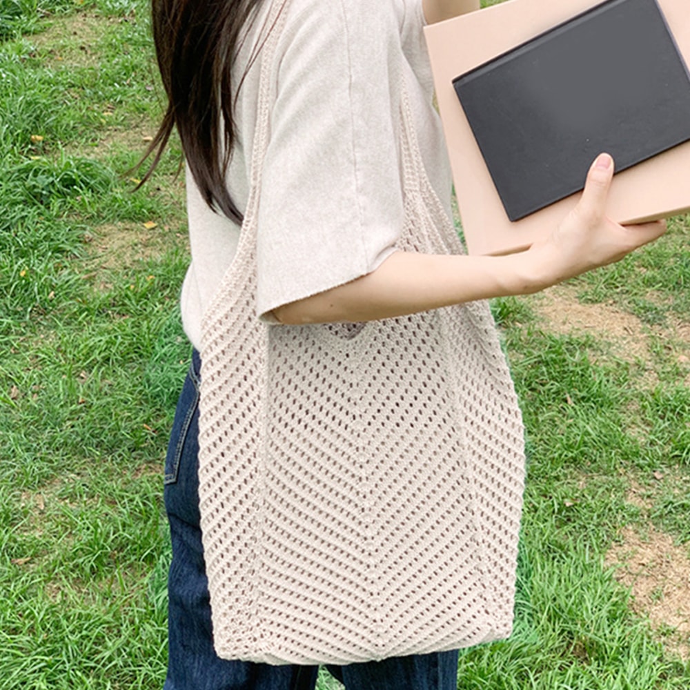 Hollow Woven Shoulder Bag Large Capacity Summer Crochet Tote for Women