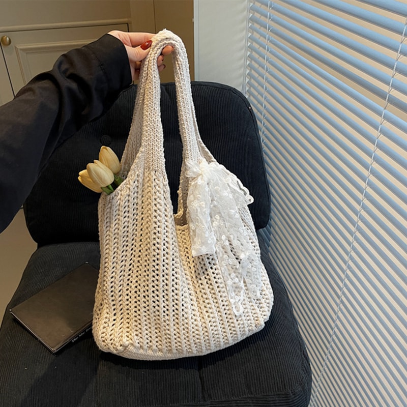 Summer Straw Beach Tote Bag for Women Hollow Out Weave Handbag with Lace Detail