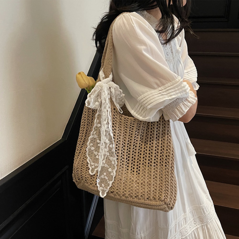 Summer Straw Beach Tote Bag for Women Hollow Out Weave Handbag with Lace Detail