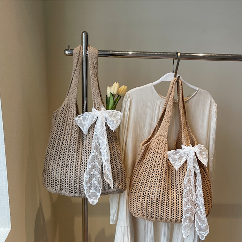 Summer Straw Beach Tote Bag for Women Hollow Out Weave Handbag with Lace Detail