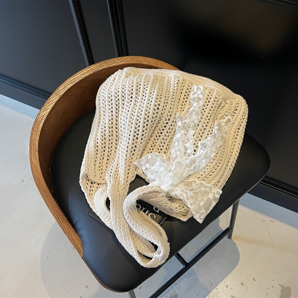 Summer Straw Beach Tote Bag for Women Hollow Out Weave Handbag with Lace Detail