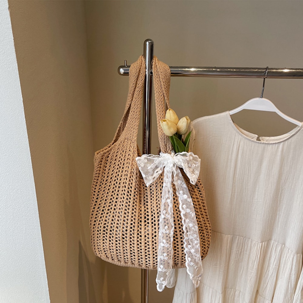 Summer Straw Beach Tote Bag for Women Hollow Out Weave Handbag with Lace Detail