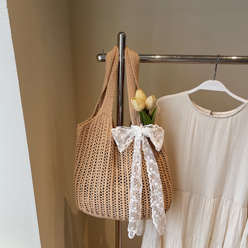 Summer Straw Beach Tote Bag for Women Hollow Out Weave Handbag with Lace Detail