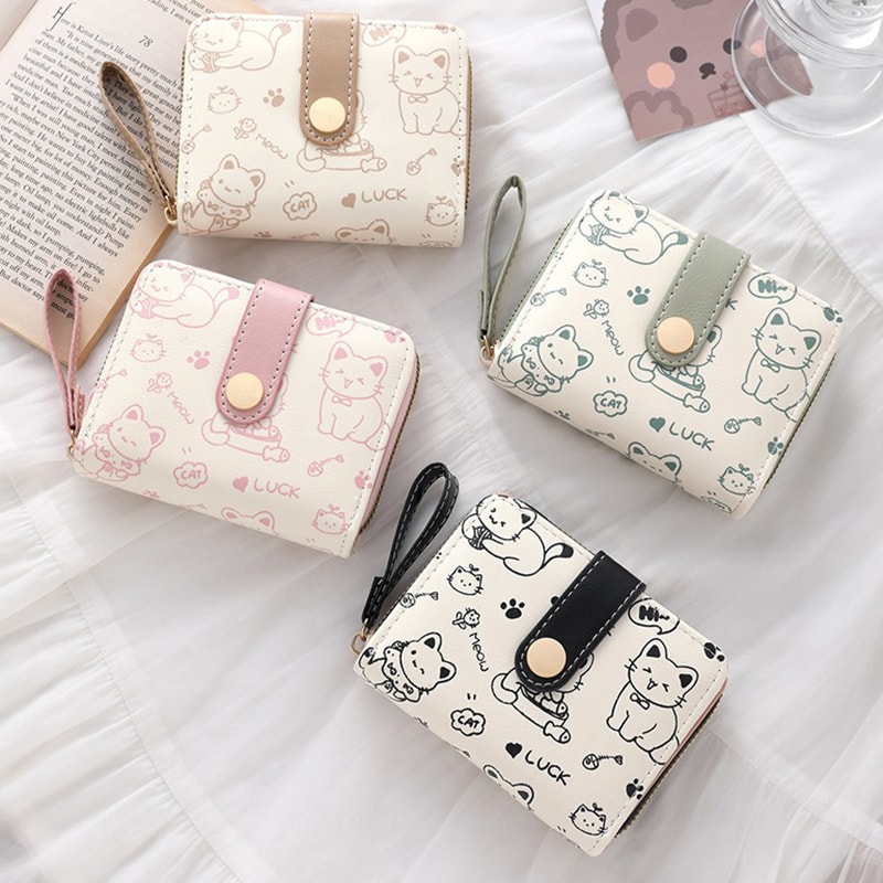 Cute Cat Wallet For Women Stylish Card Holder With Zip Coin Pocket Square Handbag High Quality Purs 0