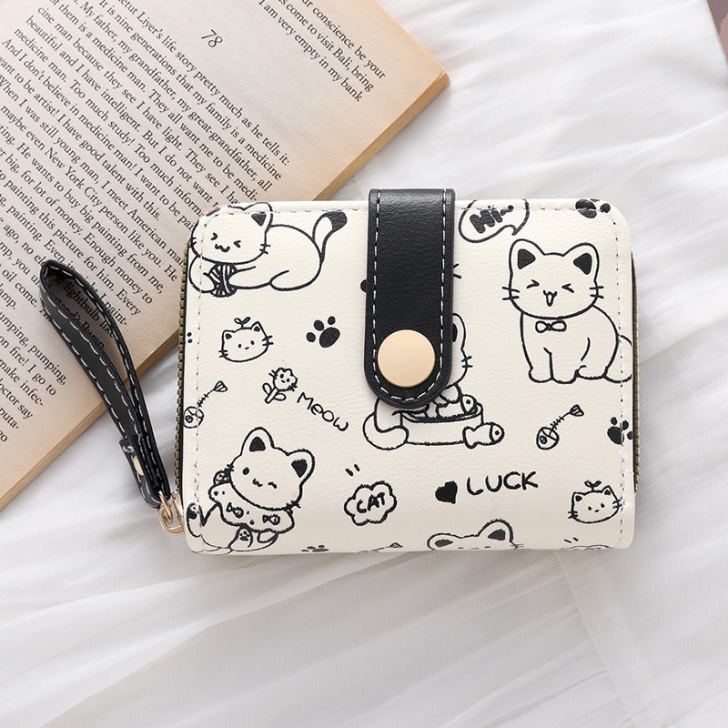 Cute Cat Wallet For Women Stylish Card Holder With Zip Coin Pocket Square Handbag High Quality Purs 8
