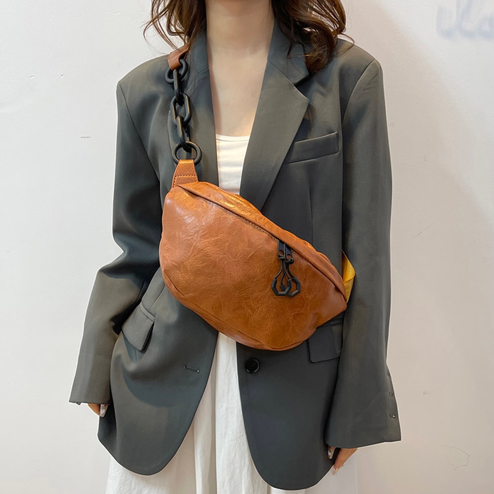 Fashionable Soft PU Leather Waist Bag for Women Thick Chain Crossbody Fanny Pack Stylish Shoulder & Chest Bag Trendy