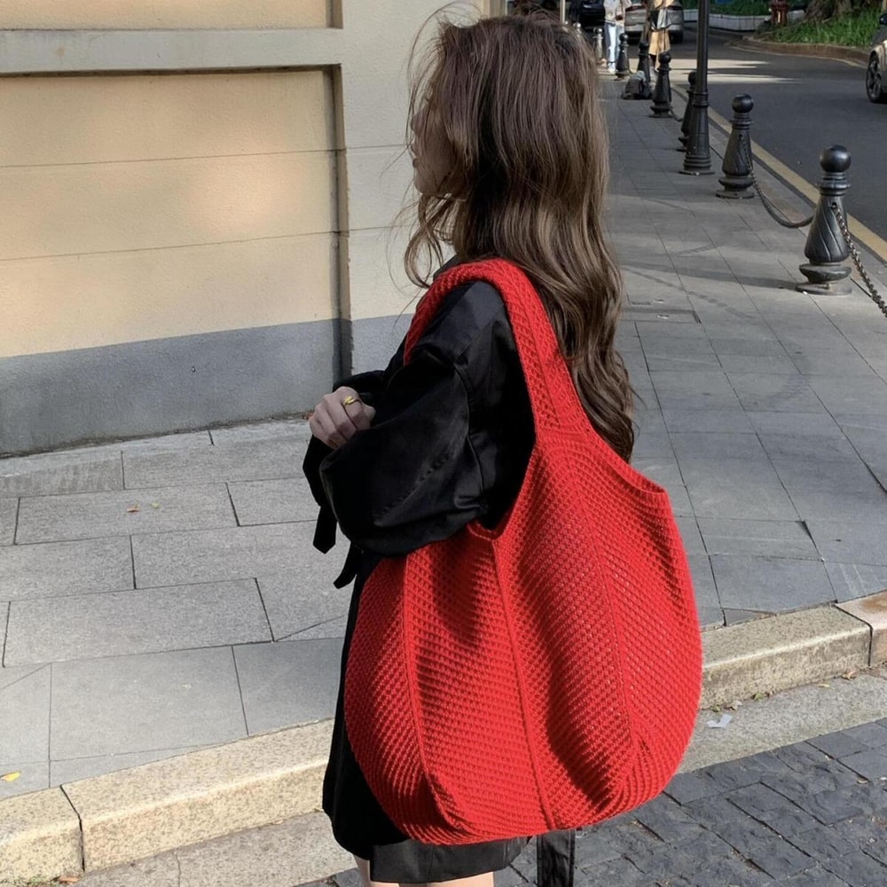 Women Crochet Tote Bag Large Capacity Woven Shoulder Bag Fashionable Solid Color Shopping Bag For B 1