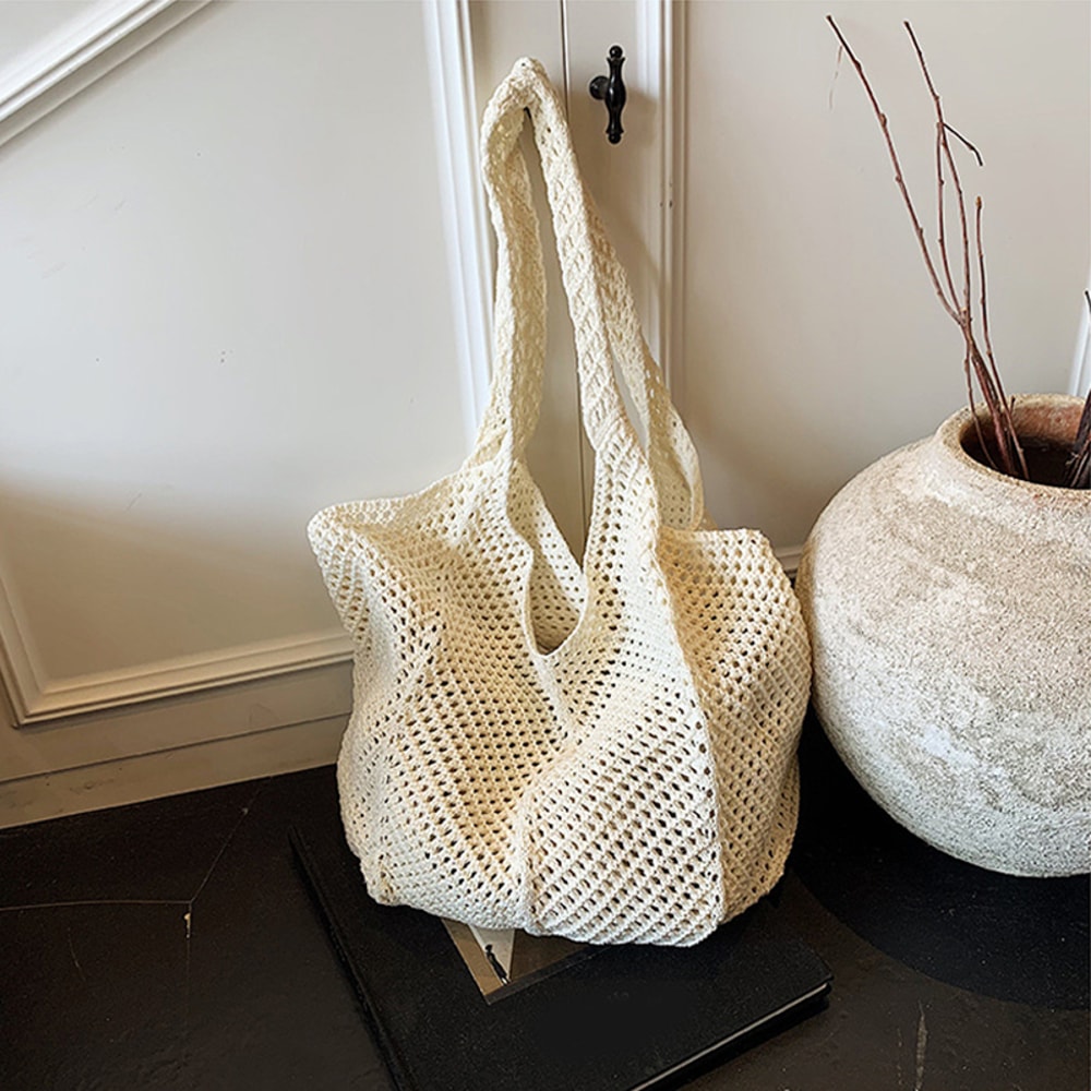 Women Crochet Tote Bag Large Capacity Woven Shoulder Bag Fashionable Solid Color Shopping Bag For B 5