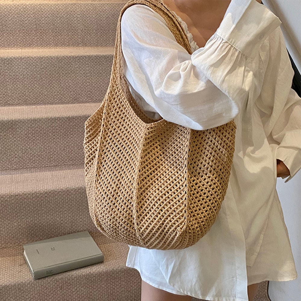 Women Crochet Tote Bag Large Capacity Woven Shoulder Bag Fashionable Solid Color Shopping Bag For B 3
