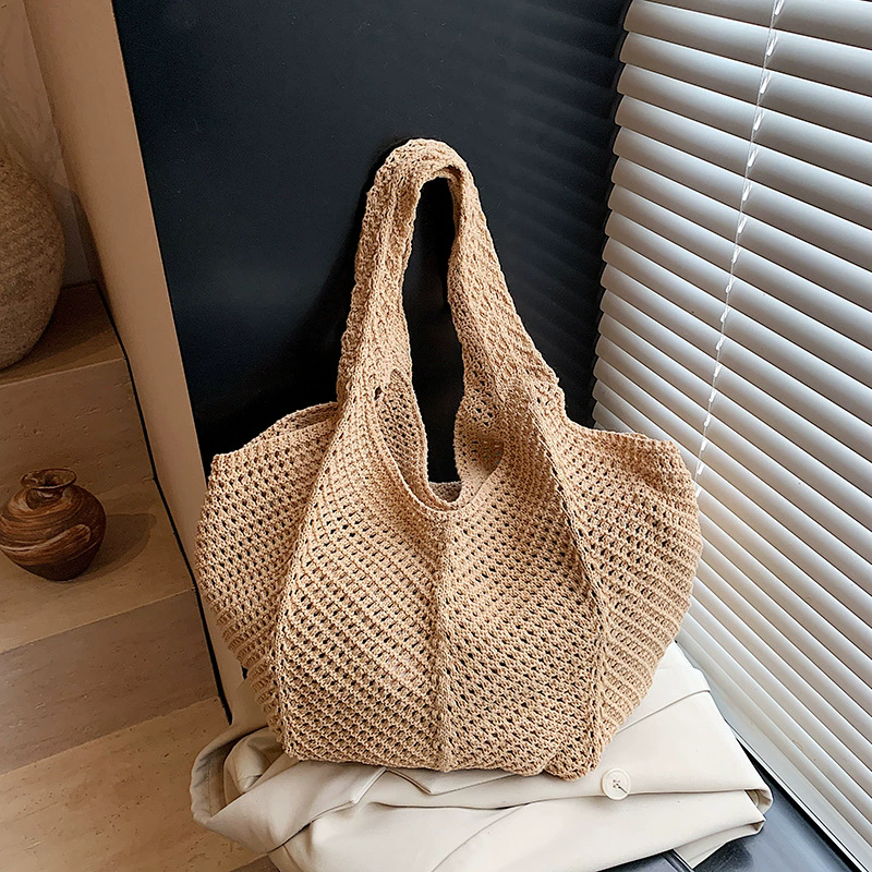 Women Crochet Tote Bag Large Capacity Woven Shoulder Bag Fashionable Solid Color Shopping Bag For B 6