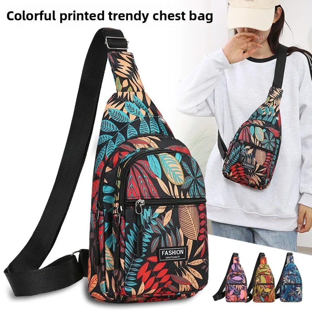 Colorful Leaf Printed Sling Crossbody Bag Stylish Nylon Chest Bag For Women With Adjustable Shoulde 0
