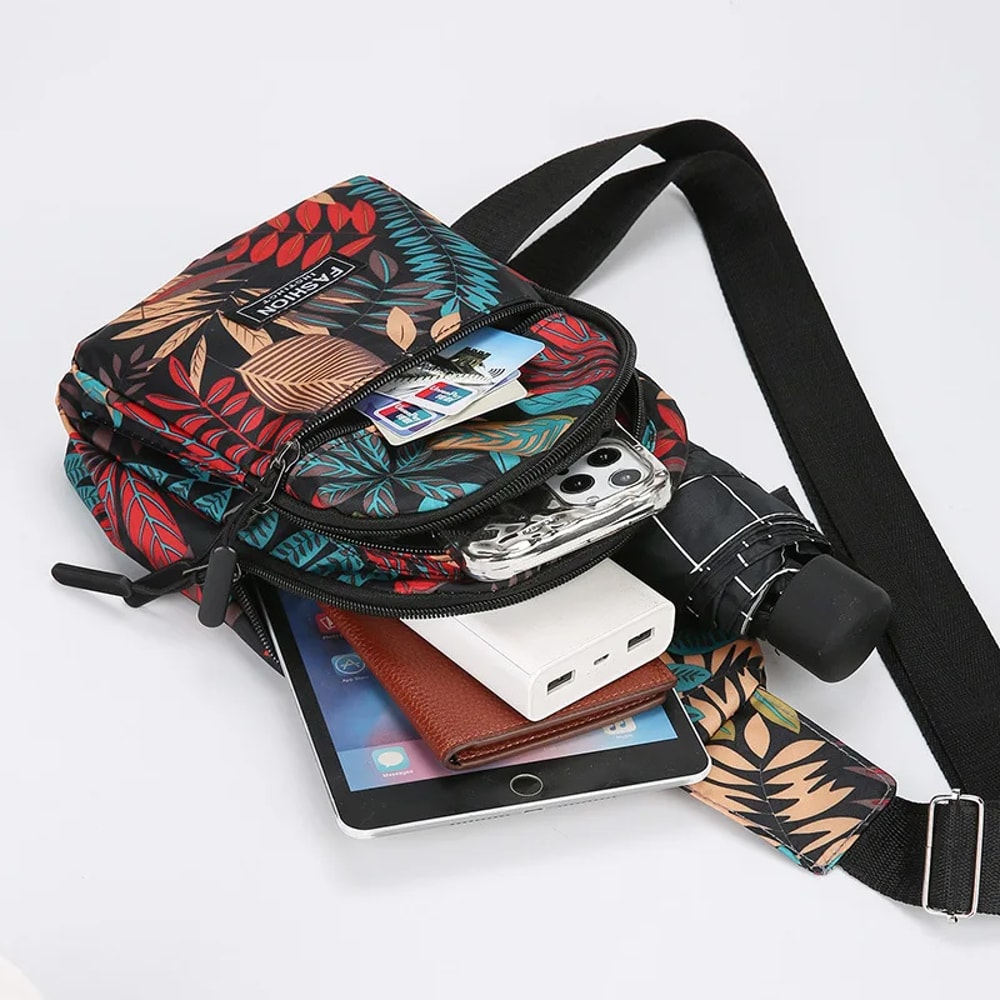 Colorful Leaf Printed Sling Crossbody Bag Stylish Nylon Chest Bag For Women With Adjustable Shoulde 1