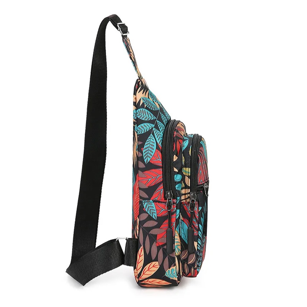 Colorful Leaf Printed Sling Crossbody Bag Stylish Nylon Chest Bag For Women With Adjustable Shoulde 3